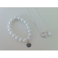 Little bird necklace and pearl & initial bracelet flowergirl jewelry gift set